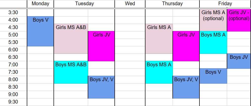 2025-26 Practices typical week schedule 2025-26 Practices typical week schedule